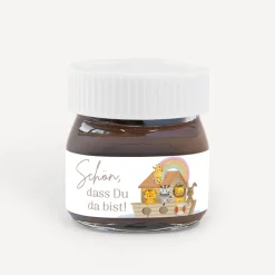 Gastgeschenk Mini Nutella Glas mit Aufkleber "Arche Noah Regenbogen Pastell"