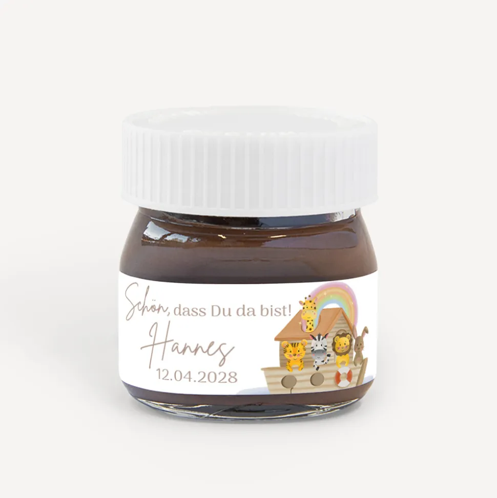Gastgeschenk Mini Nutella Glas mit Aufkleber "Arche Noah Regenbogen Pastell"