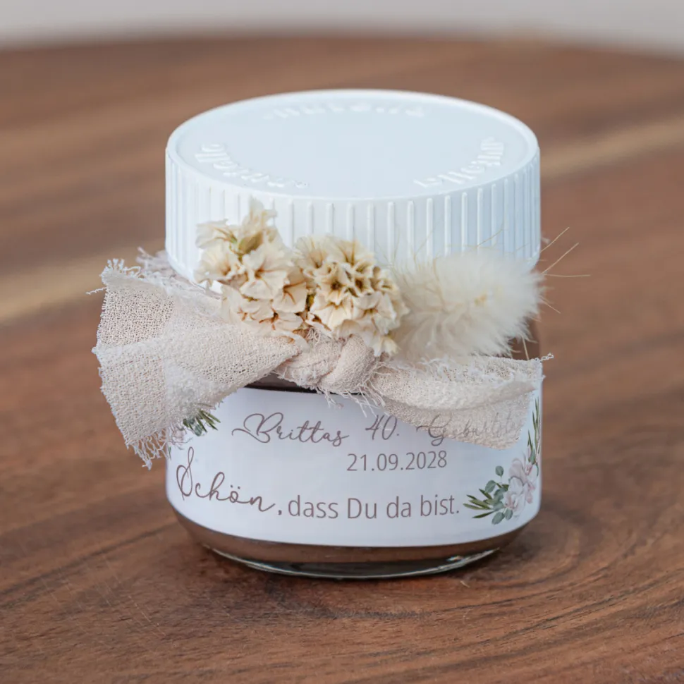 Gastgeschenk Mini Nutella Glas + Aufkleber "Boho Pampas"