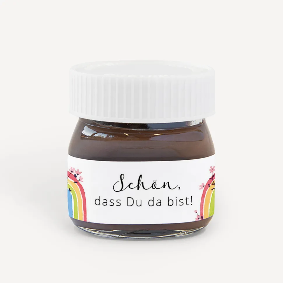 Gastgeschenk Mini Nutella Glas mit Aufkleber "Regenbogen Vintage"