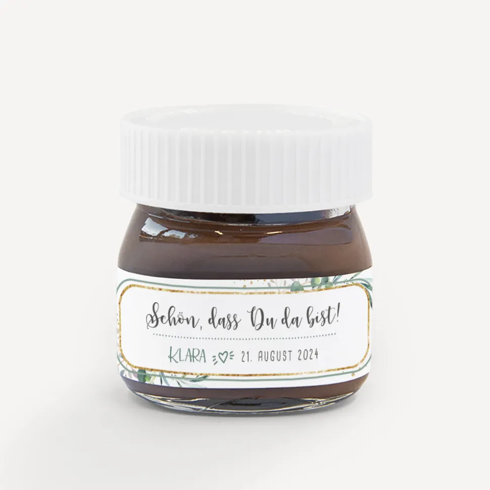 Gastgeschenk Mini Nutella Glas + Aufkleber "Aquarell Eukalyptus Zweige"