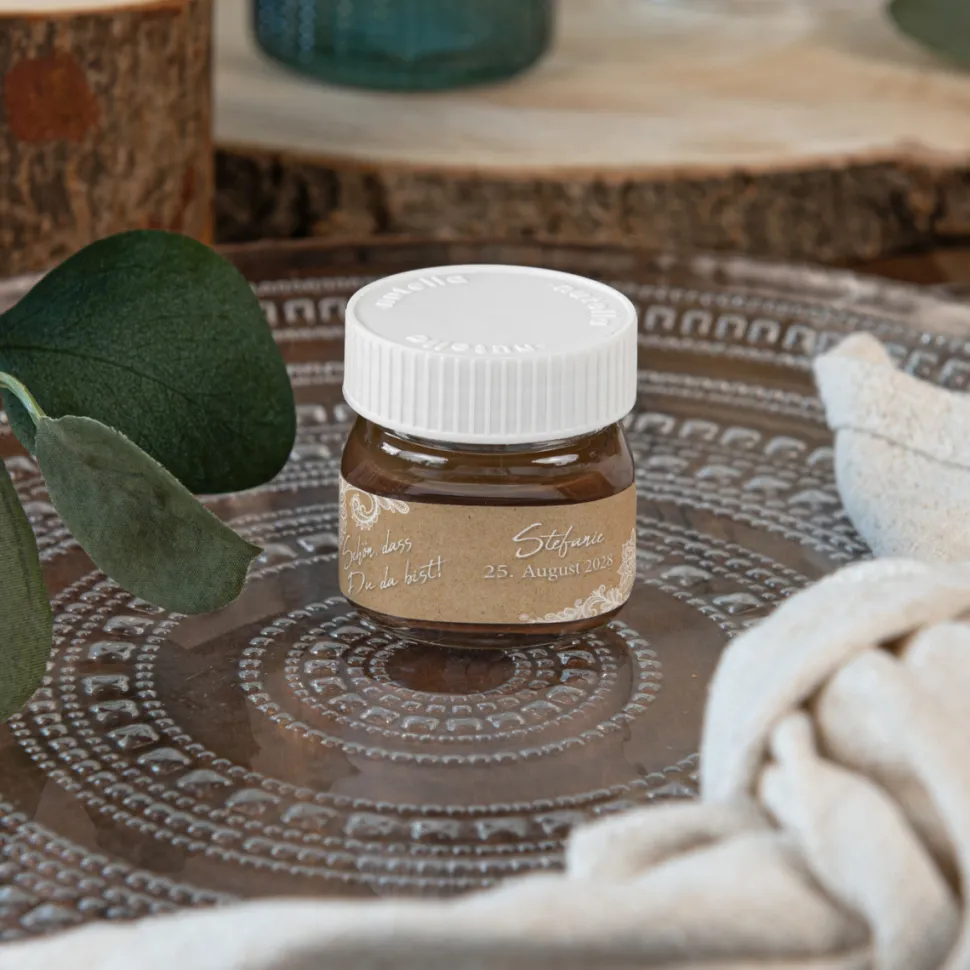 Gastgeschenk Mini Nutella Glas + Aufkleber Vintage Spitze