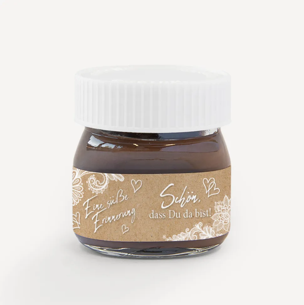 Gastgeschenk Mini Nutella Glas + Aufkleber Vintage Spitze