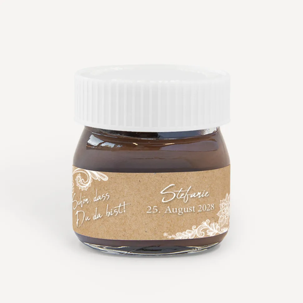 Gastgeschenk Mini Nutella Glas + Aufkleber Vintage Spitze