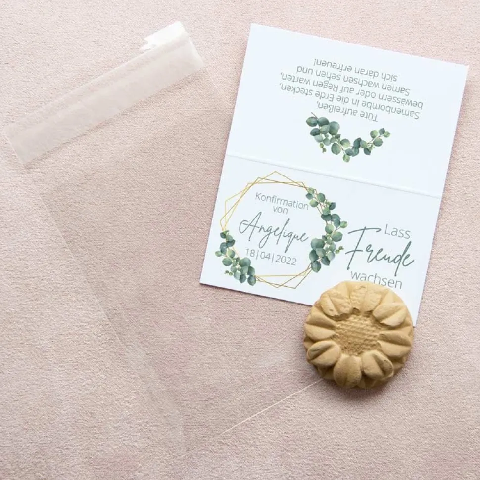 Gastgeschenk Samenbombe Konfirmation Mädchen + Etikett "Eukalyptus Geometrie"
