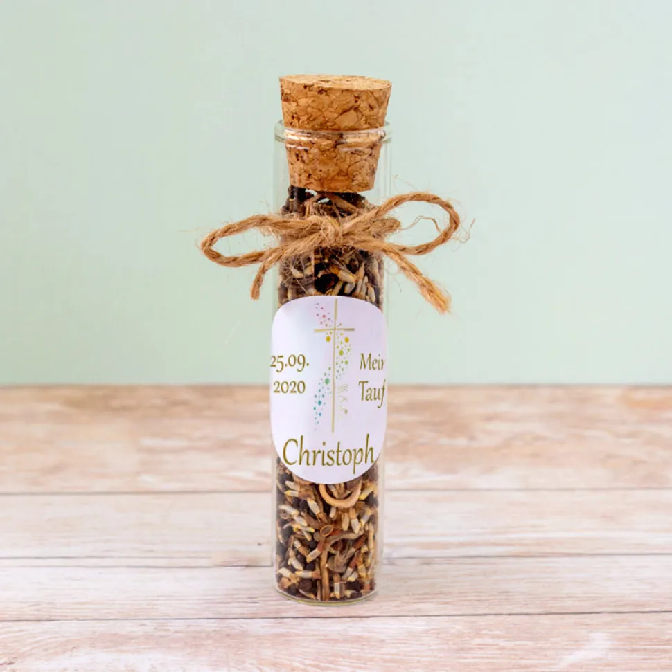 Gastgeschenk Taufe Glasröhrchen + Aufkleber Kreuz mit Symbolen