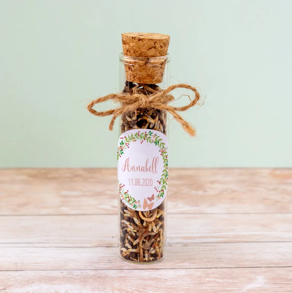 Gastgeschenk Taufe Glasröhrchen + Aufkleber Blumenkranz