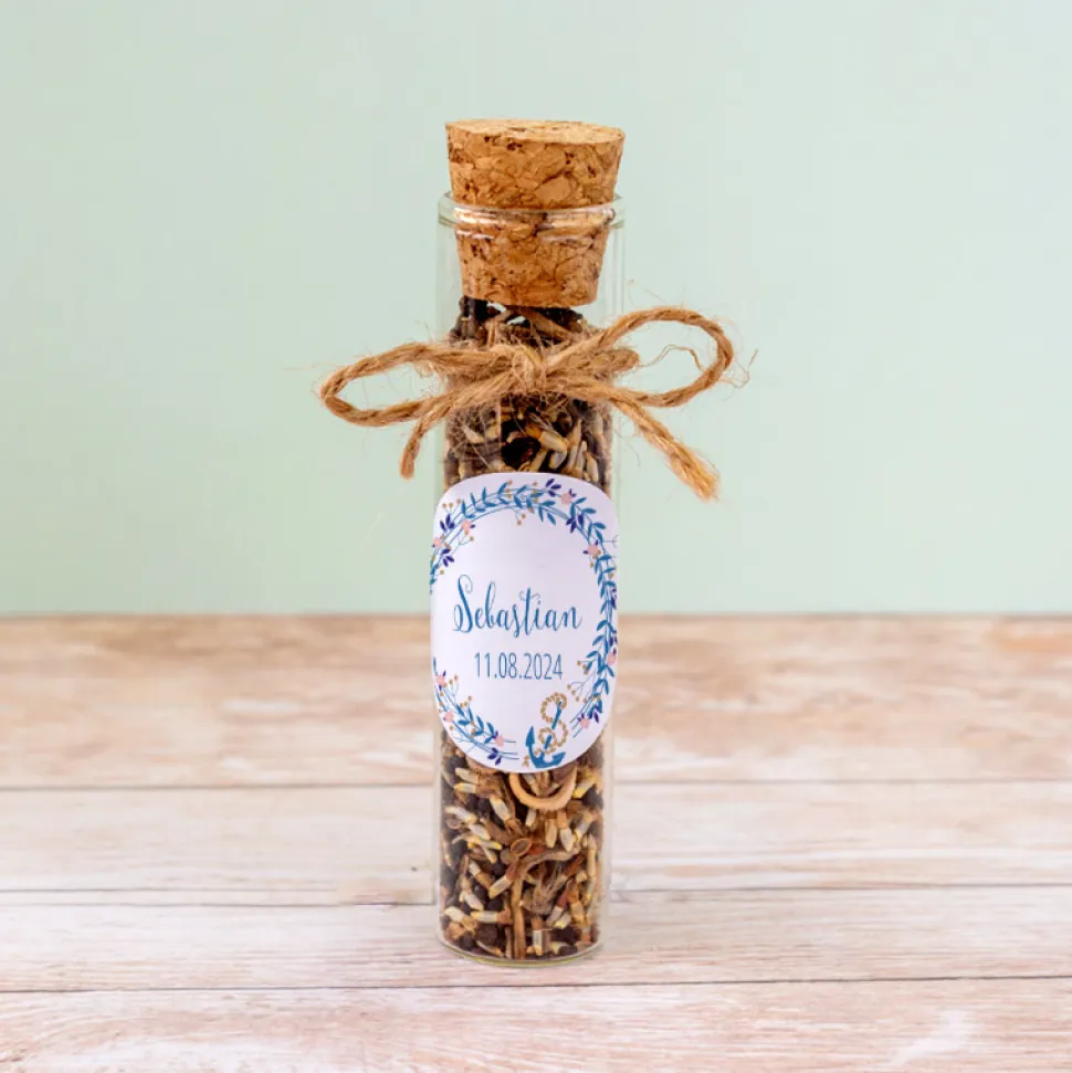 Gastgeschenk Taufe Glasröhrchen + Aufkleber Anker mit Kranz