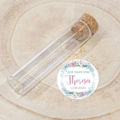 Gastgeschenk Taufe Glasröhrchen + Aufkleber Kranz Aquarell