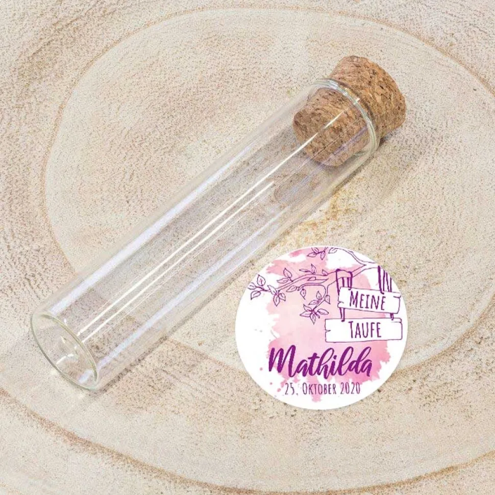 Gastgeschenk Taufe Glasröhrchen + Aufkleber Mädchen Aquarell