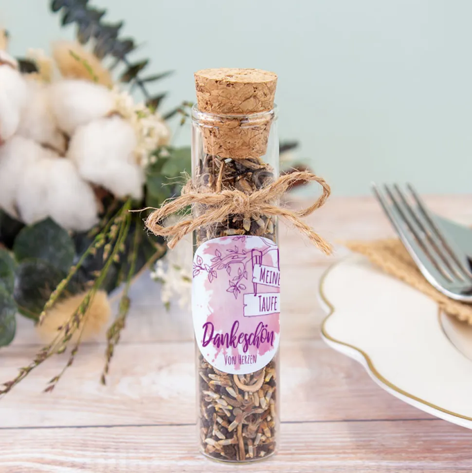 Gastgeschenk Taufe Glasröhrchen + Aufkleber Mädchen Aquarell