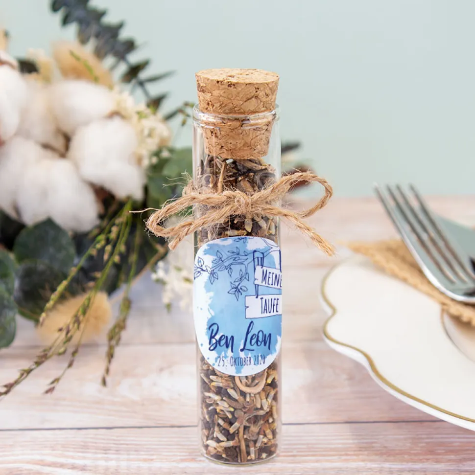 Gastgeschenk Taufe Glasröhrchen + Aufkleber Junge Aquarell