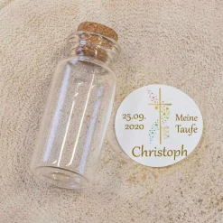 Gastgeschenk Taufe Mini Glasröhrchen + Aufkleber Kreuz mit Symbolen