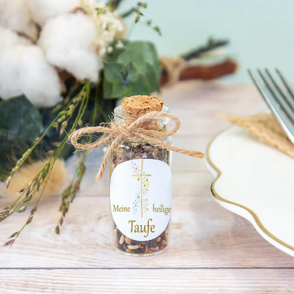 Gastgeschenk Taufe Mini Glasröhrchen + Aufkleber Kreuz mit Symbolen