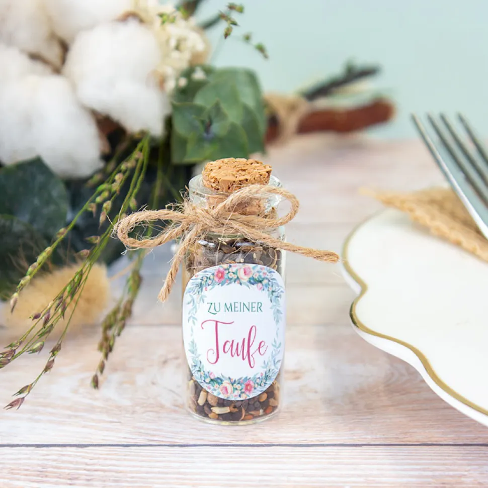 Gastgeschenk Taufe Mini Glasröhrchen + Aufkleber Kranz Aquarell