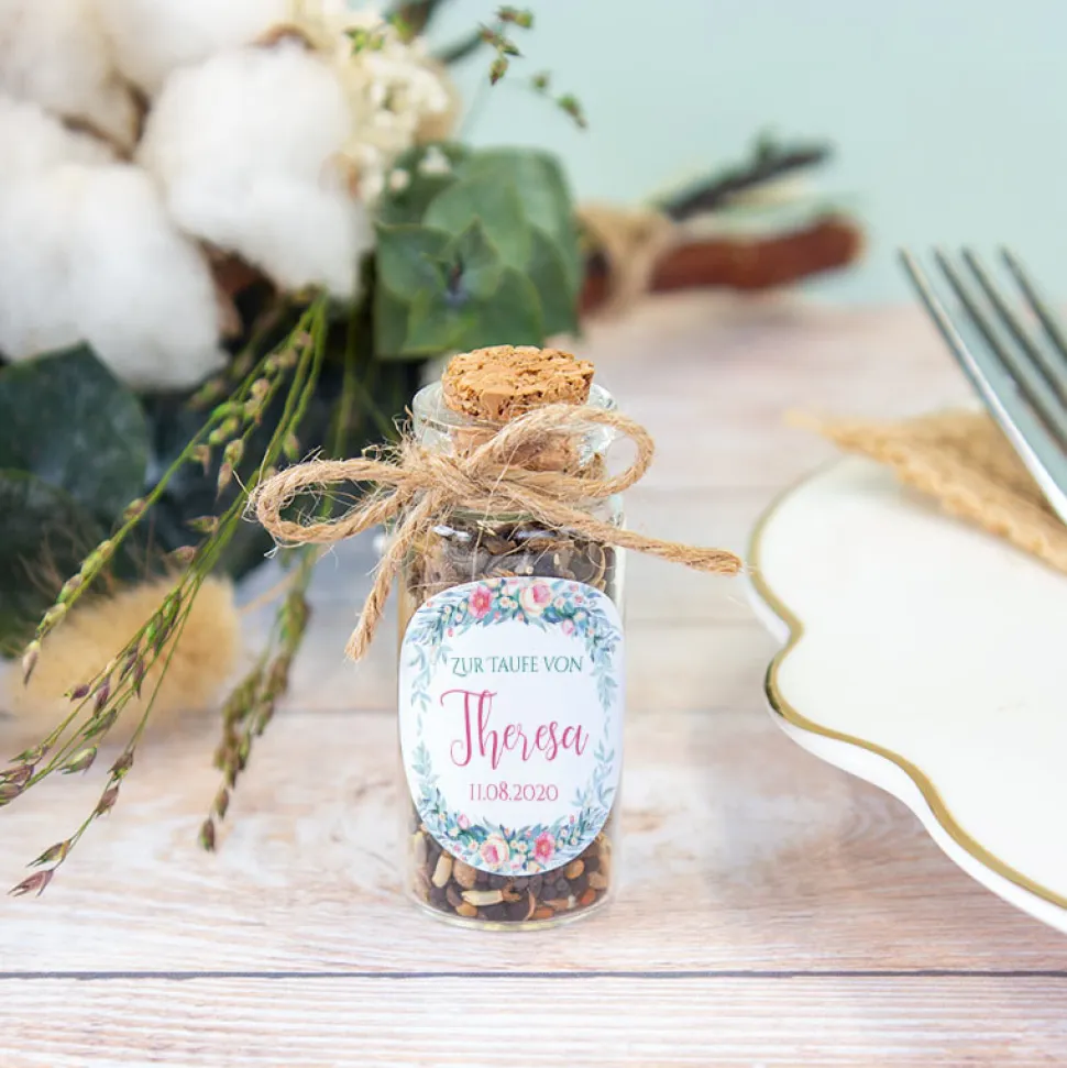 Gastgeschenk Taufe Mini Glasröhrchen + Aufkleber Kranz Aquarell
