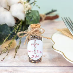 Gastgeschenk Taufe Mini Glasröhrchen + Aufkleber Kreuz mit Blumen