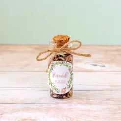 Gastgeschenk Taufe Mini Glasröhrchen + Aufkleber Blumenkranz