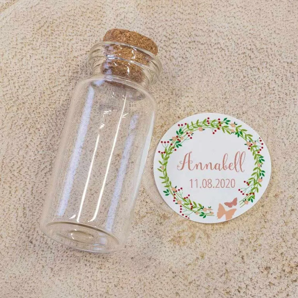 Gastgeschenk Taufe Mini Glasröhrchen + Aufkleber Blumenkranz