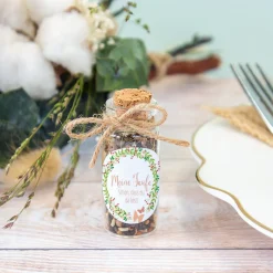Gastgeschenk Taufe Mini Glasröhrchen + Aufkleber Blumenkranz