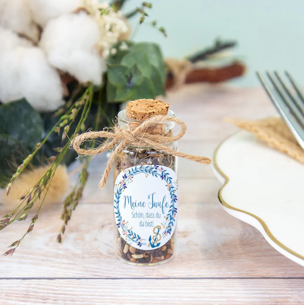 Gastgeschenk Taufe Mini Glasröhrchen + Aufkleber Anker mit Kranz