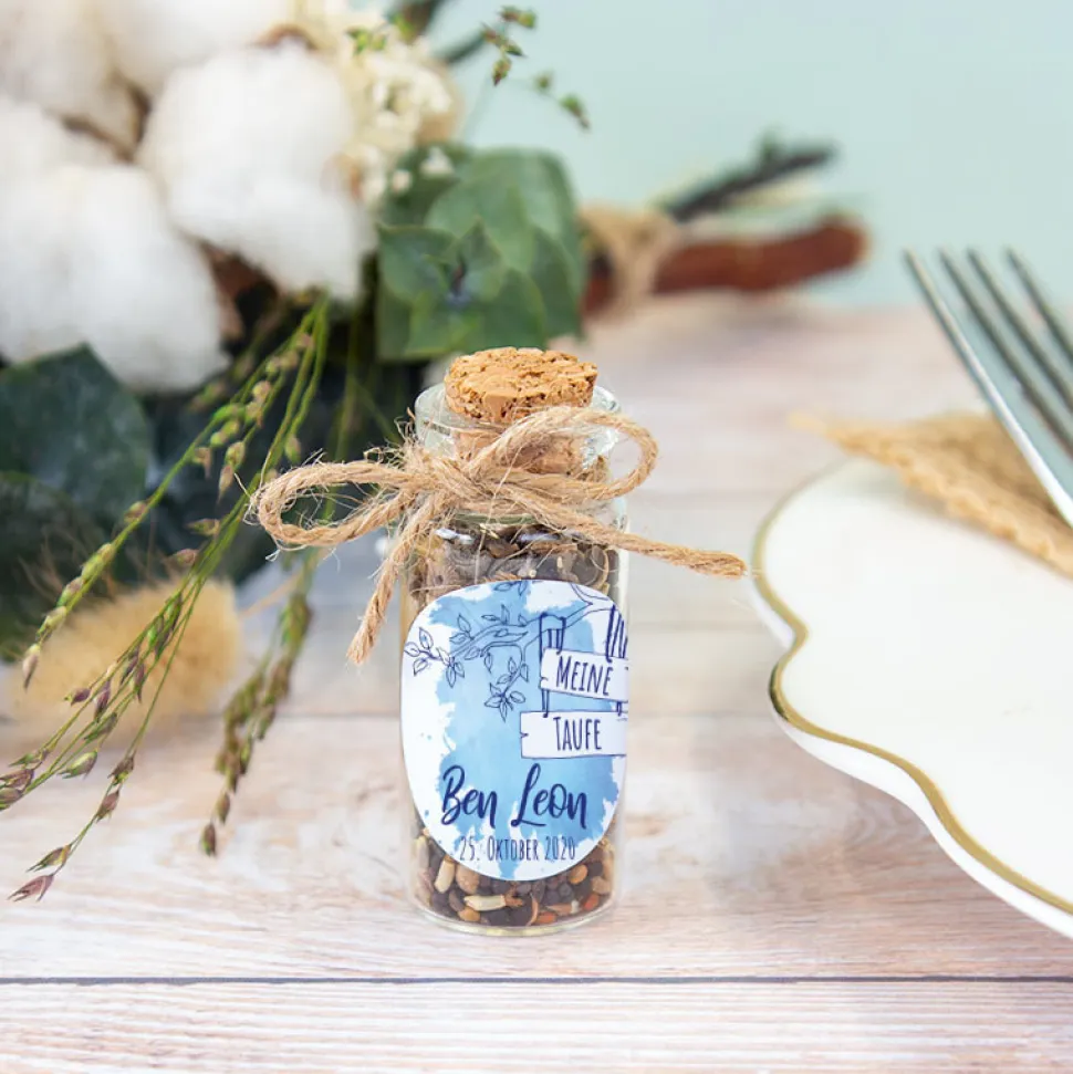 Gastgeschenk Taufe Mini Glasröhrchen + Aufkleber Junge Aquarell