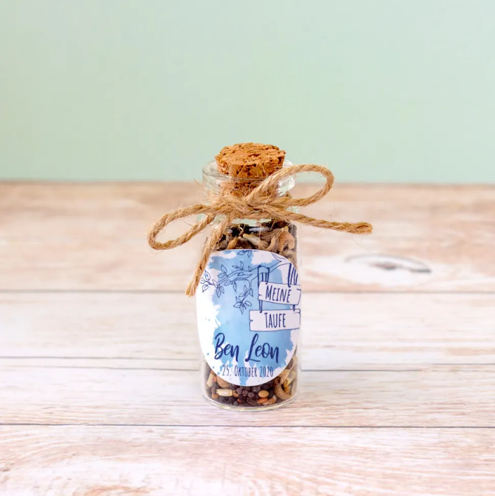 Gastgeschenk Taufe Mini Glasröhrchen + Aufkleber Junge Aquarell