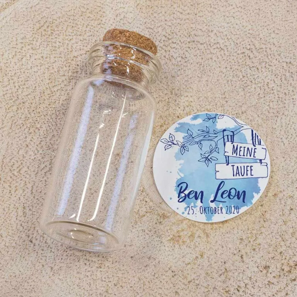 Gastgeschenk Taufe Mini Glasröhrchen + Aufkleber Junge Aquarell