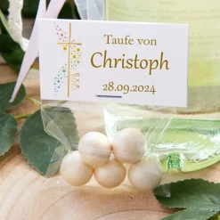 Gastgeschenk Taufe Tüte transparent + Etikett Kreuz mit Symbolen