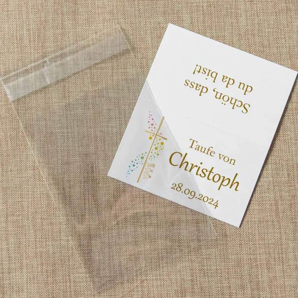 Gastgeschenk Taufe Tüte transparent + Etikett Kreuz mit Symbolen