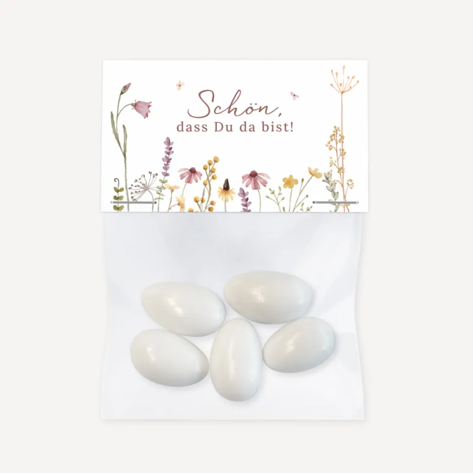 Gastgeschenk Tüte transparent mit Etikett "Wildromantische Blüten"
