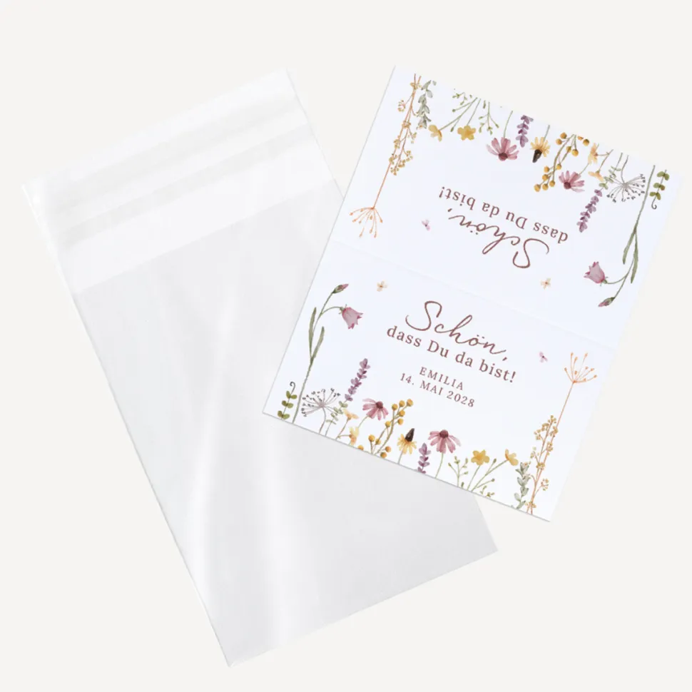 Gastgeschenk Tüte transparent mit Etikett "Wildromantische Blüten"