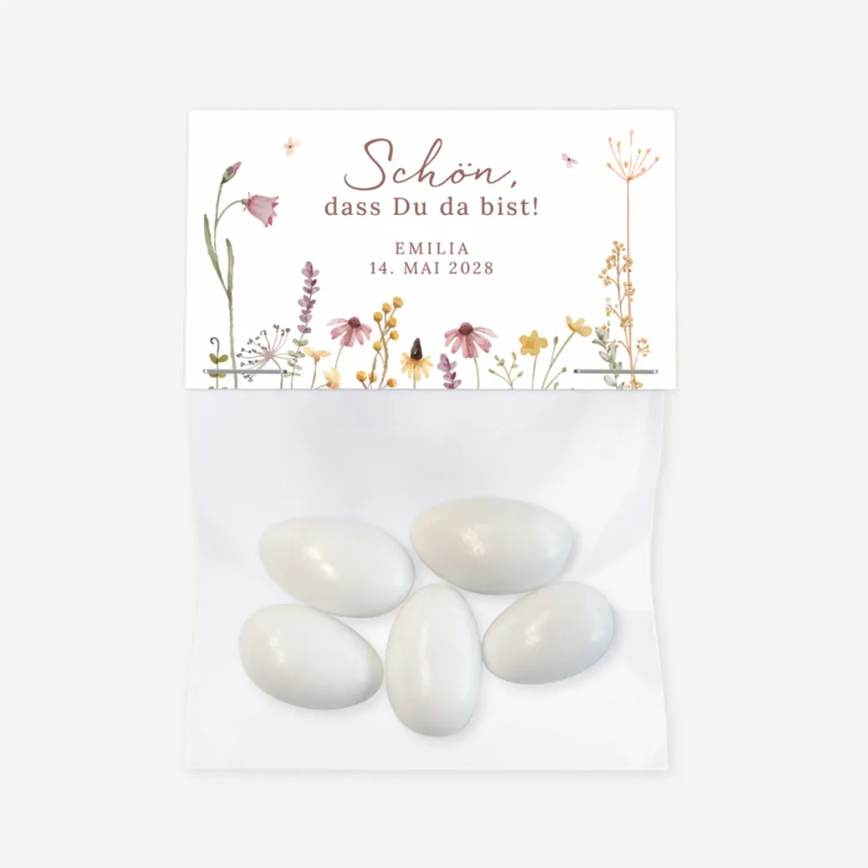 Gastgeschenk Tüte transparent mit Etikett "Wildromantische Blüten"