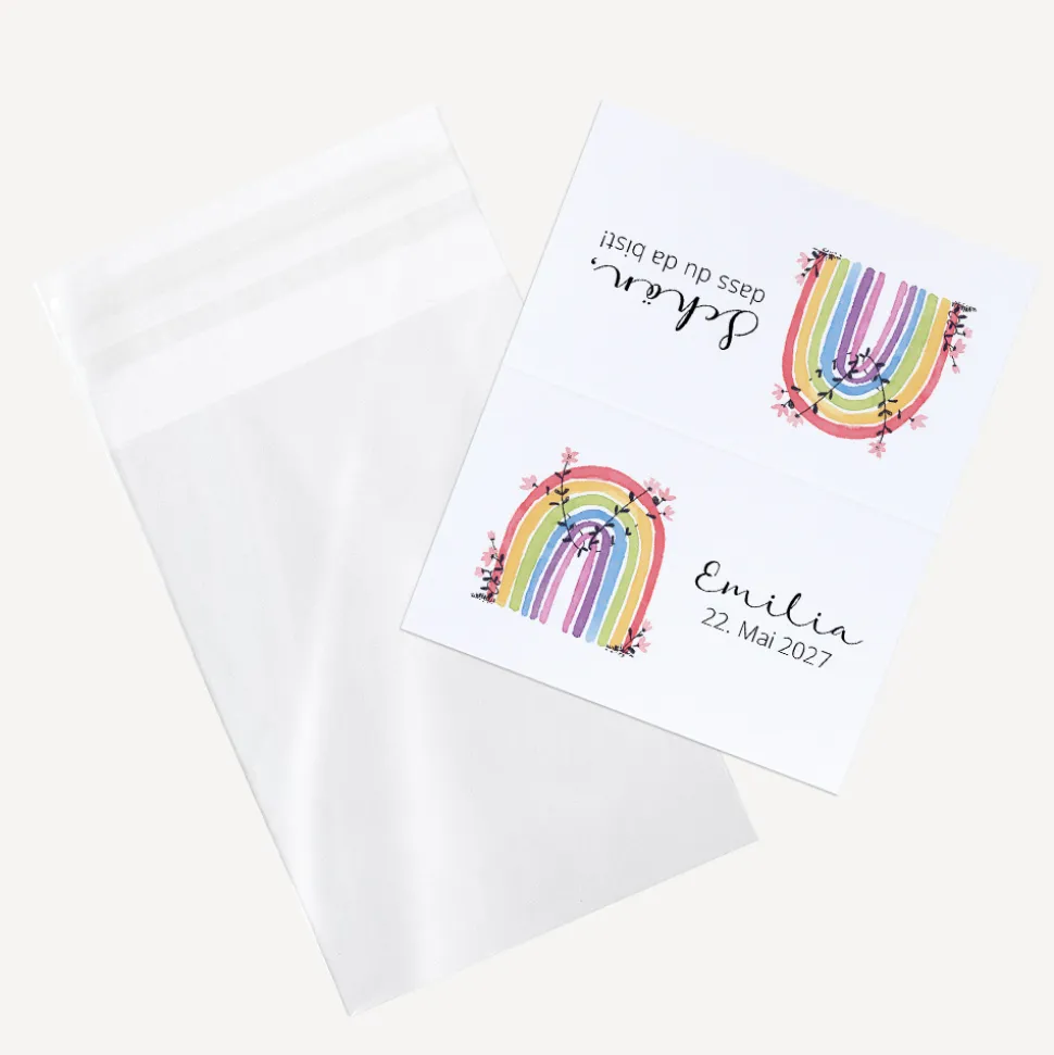 Gastgeschenk Tüte transparent mit Etikett "Regenbogen Vintage"