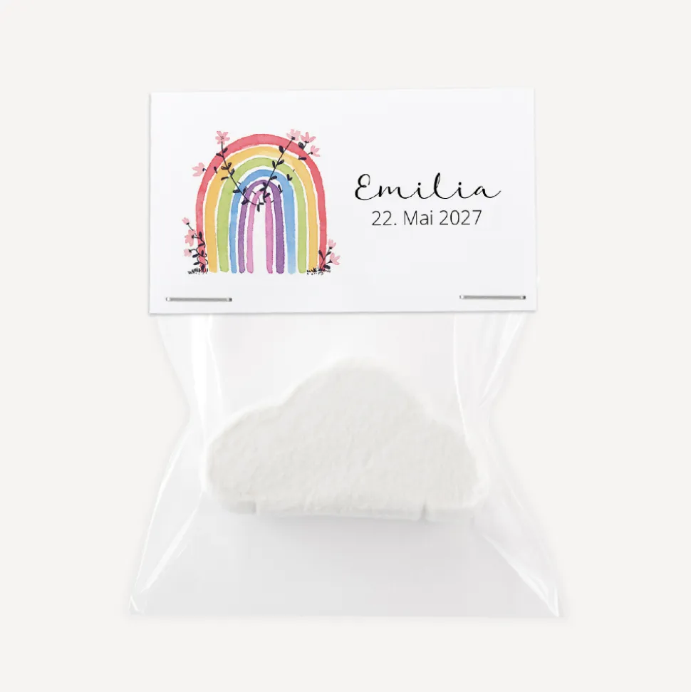 Gastgeschenk Tüte transparent mit Etikett "Regenbogen Vintage"