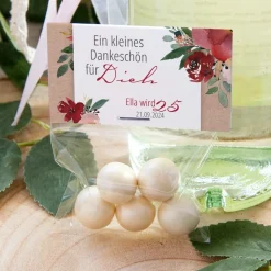 Gastgeschenk Tüte transparent + Etikett Vintage rot Blumen