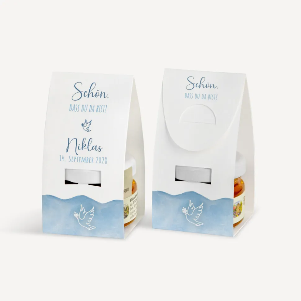 Geschenktäschchen mit Blütenhonig "Aquarell mit Taube blau"