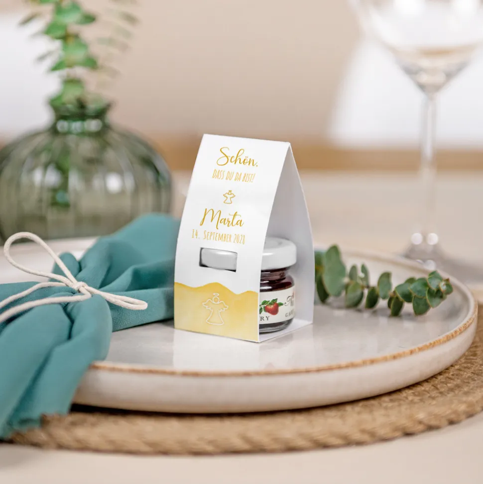 Geschenktäschchen mit Erdbeer Konfitüre "Aquarell mit Engel gold-gelb"