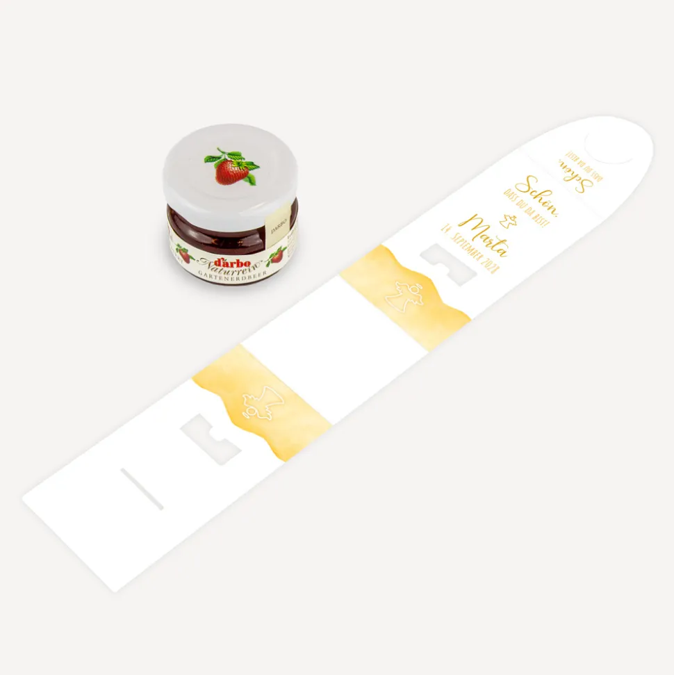 Geschenktäschchen mit Erdbeer Konfitüre "Aquarell mit Engel gold-gelb"