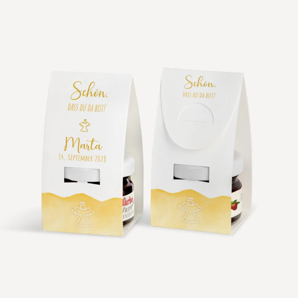 Geschenktäschchen mit Erdbeer Konfitüre "Aquarell mit Engel gold-gelb"