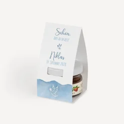 Geschenktäschchen mit Erdbeer Konfitüre "Aquarell mit Taube blau"