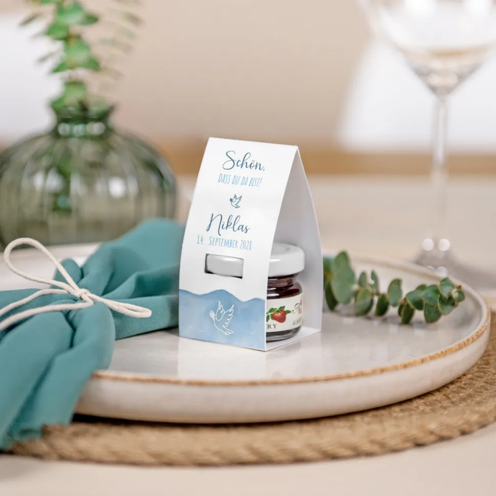 Geschenktäschchen mit Erdbeer Konfitüre "Aquarell mit Taube blau"