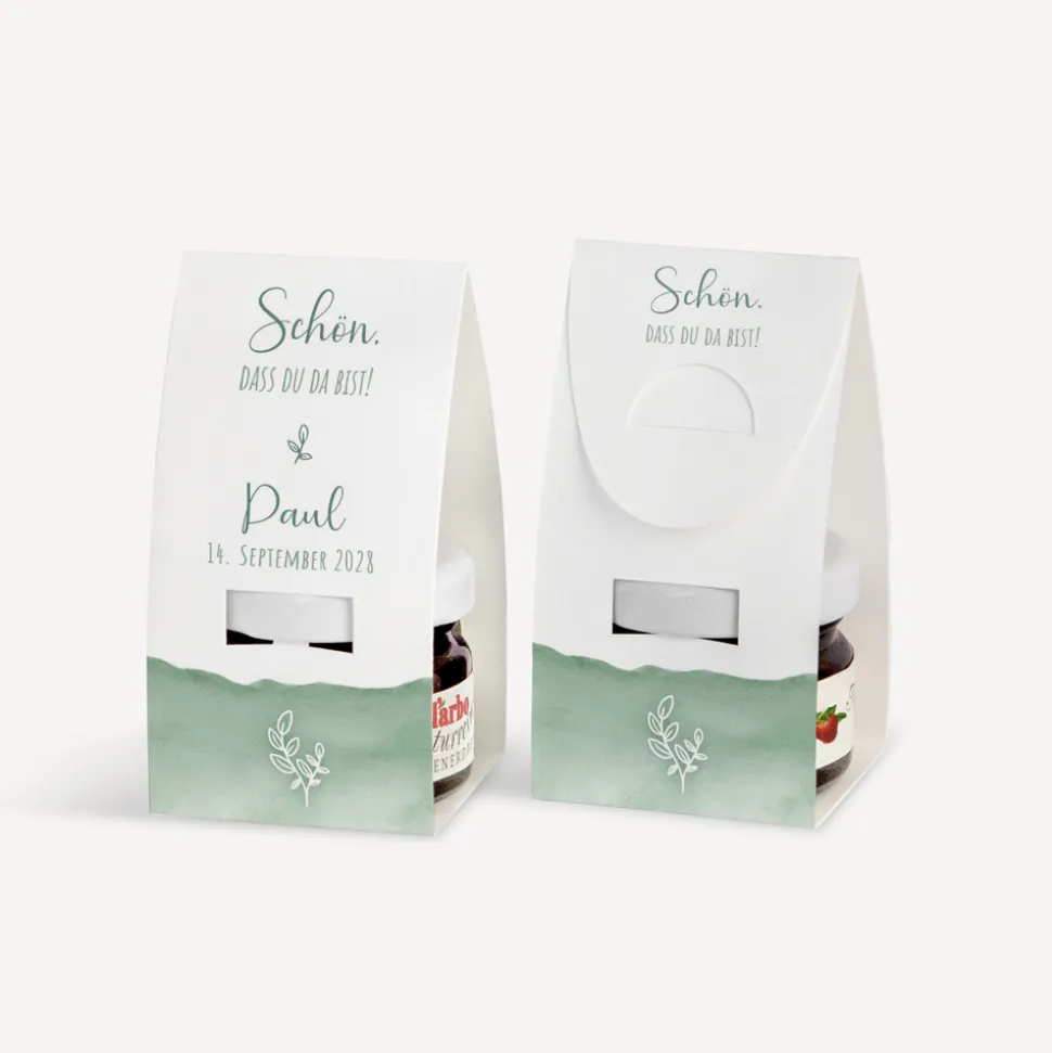 Geschenktäschchen mit Erdbeer Konfitüre "Aquarell mit Zweig grün"
