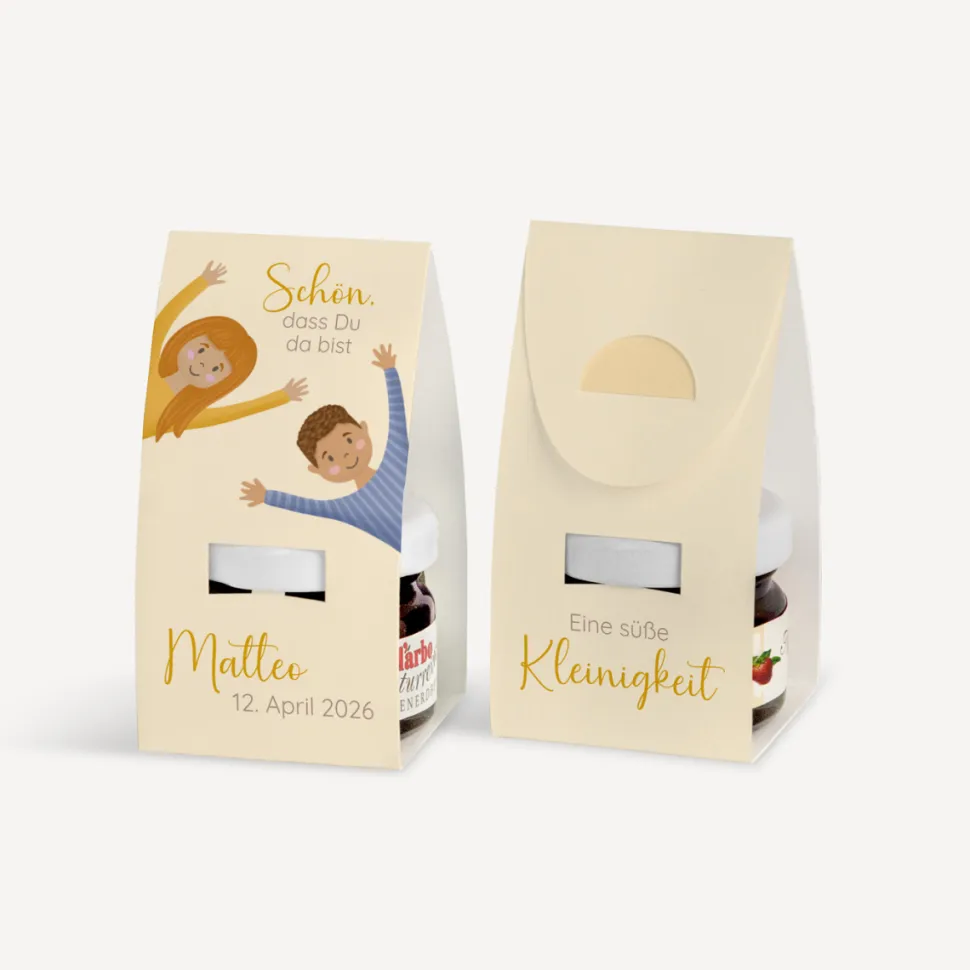 Geschenktäschchen mit Erdbeer Konfitüre "Ihr seid meine Freunde!"