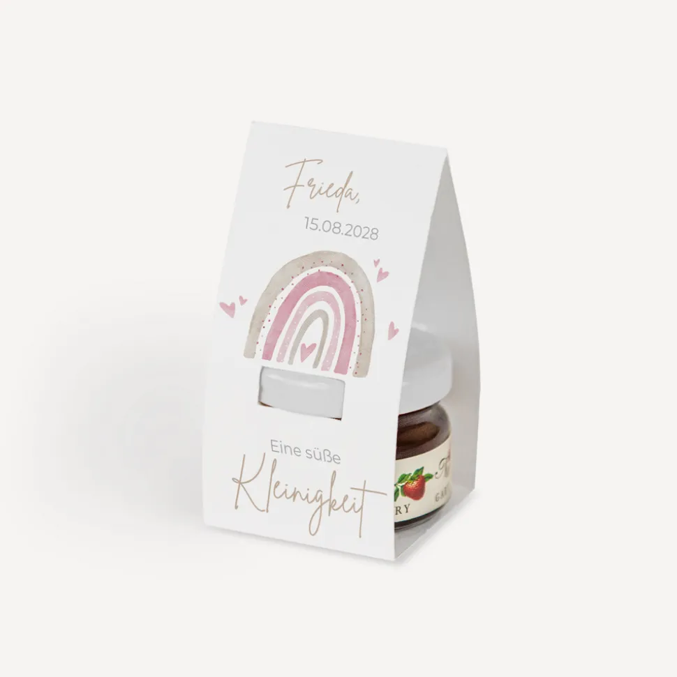 Geschenktäschchen mit Erdbeer Konfitüre "Regenbogen mit Herzen Pastell"