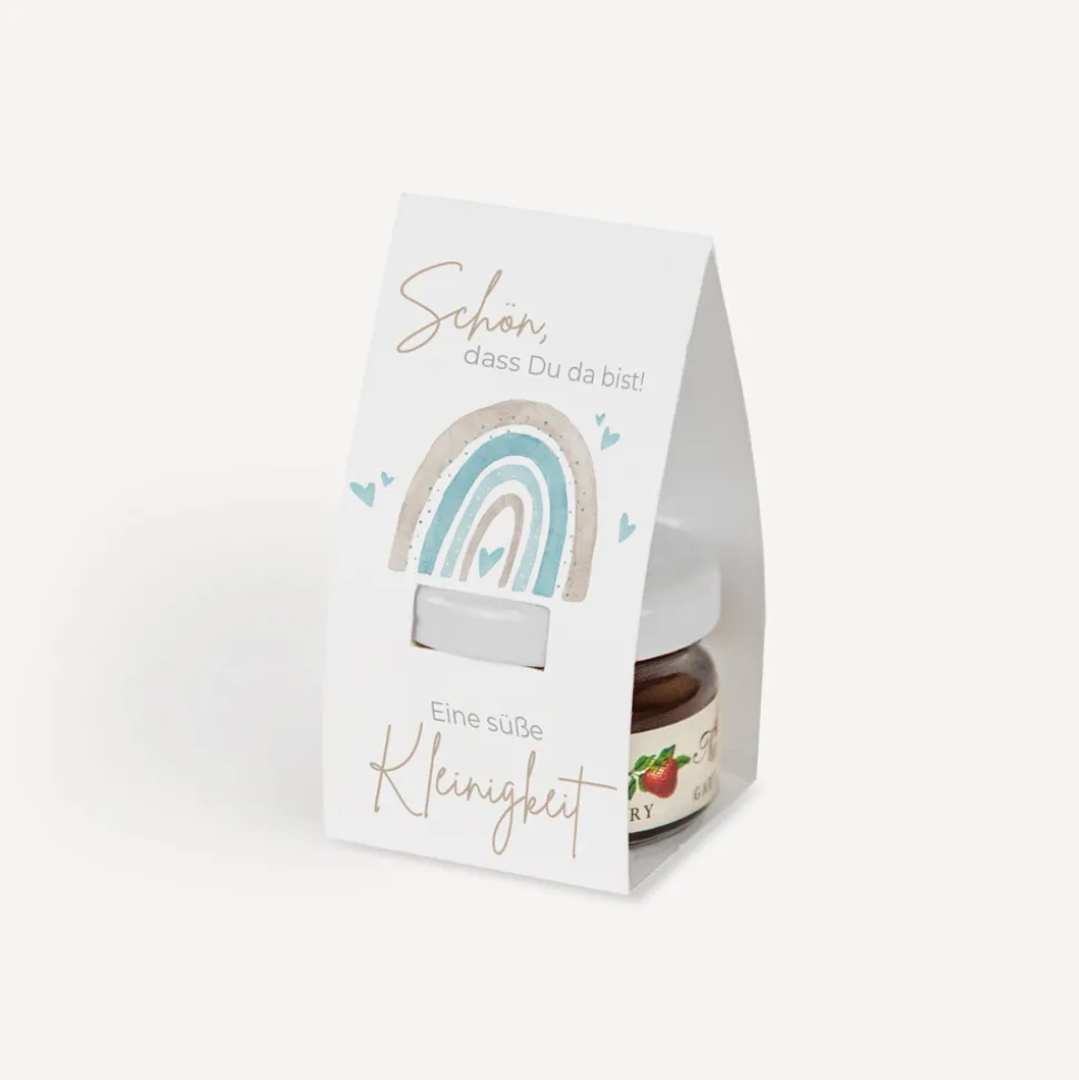 Geschenktäschchen mit Erdbeer Konfitüre "Regenbogen mit Herzen Pastell"
