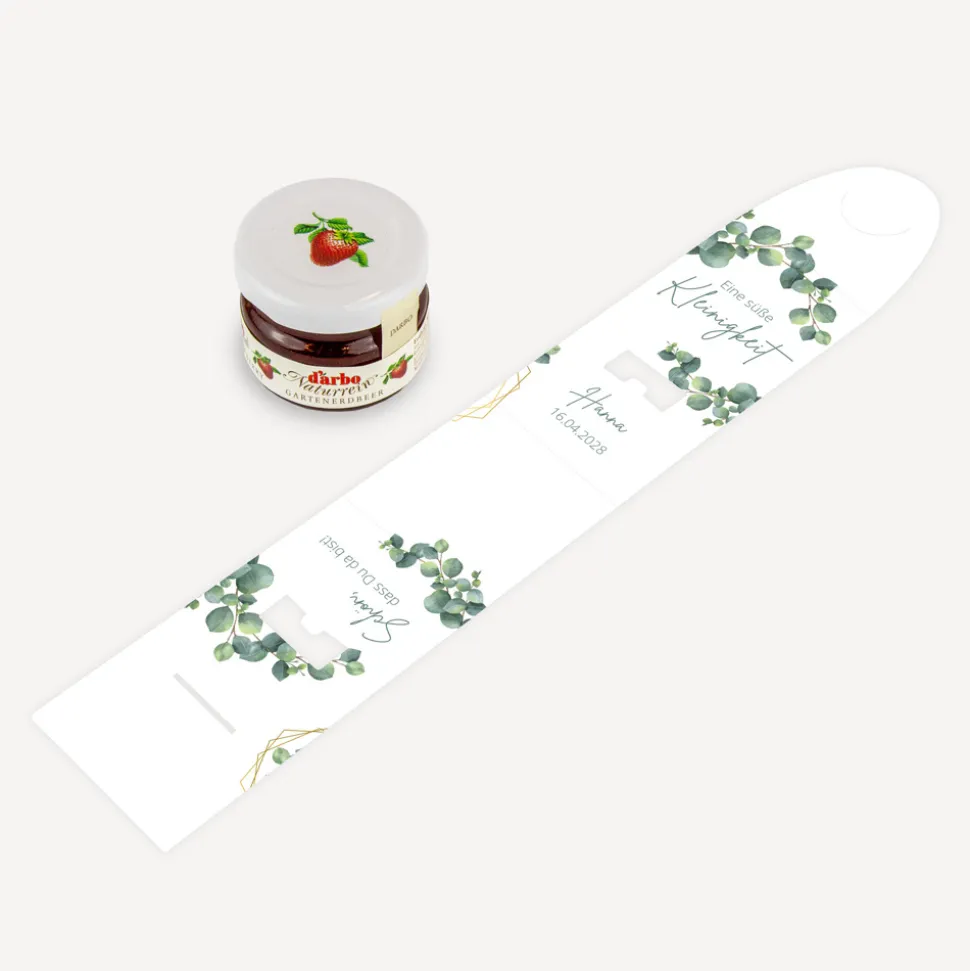 Geschenktäschchen mit Erdbeer Konfitüre "Eukalyptus Geometrie"