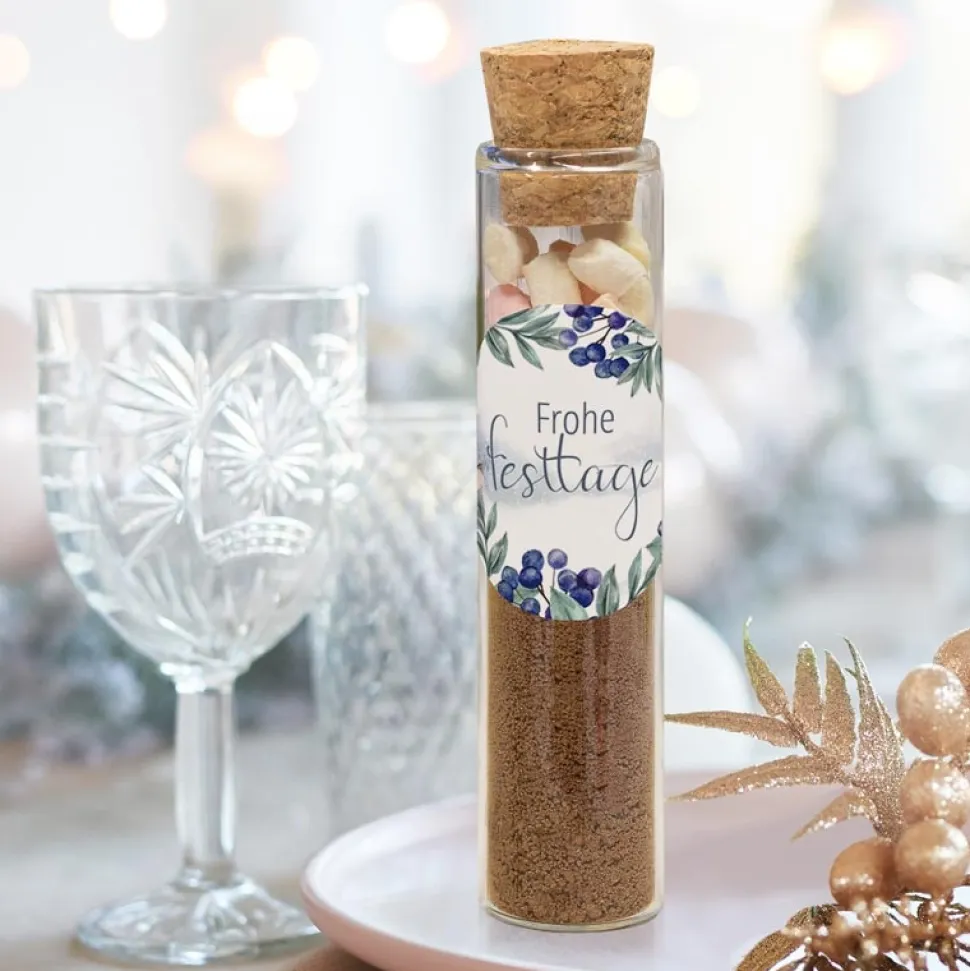 Glasröhrchen mit Korken + Aufkleber "Winterlandschaft"