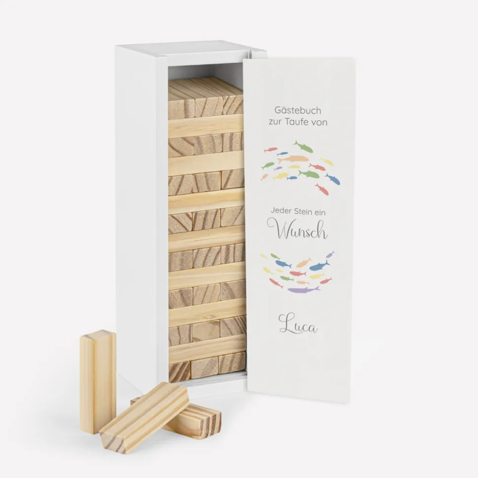 Gästebuch Alternative Wackelturm mit Geschenkbox "Fischschwarm"