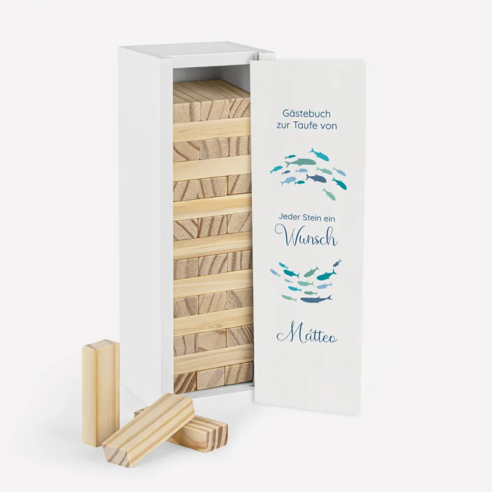 Gästebuch Alternative Wackelturm mit Geschenkbox "Fischschwarm"